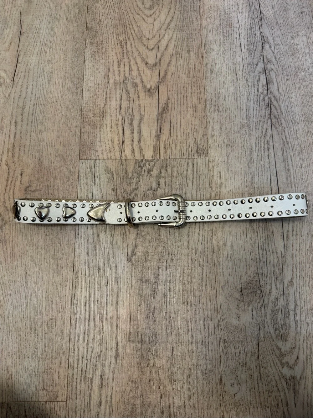 Donna Karan White Leather Studded Belt with Heart Accents